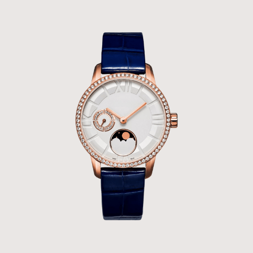 Lunaria Rose Gold Moonphase Watch Crystal Bezel with Deep Blue Leather Strap