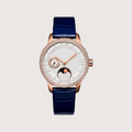 Lunaria Rose Gold Moonphase Watch Crystal Bezel with Deep Blue Leather Strap