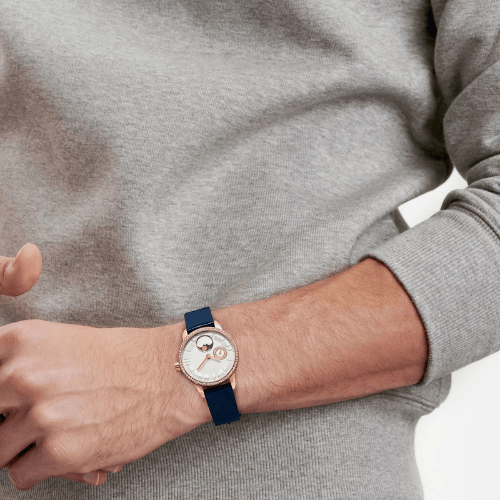 Lunaria Rose Gold Moonphase Watch Crystal Bezel with Deep Blue Leather Strap