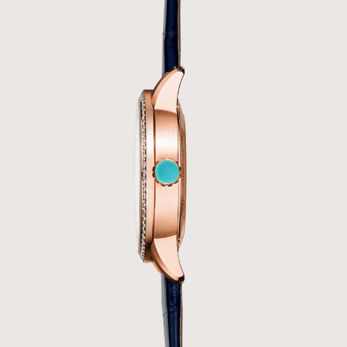 Lunaria Rose Gold Moonphase Watch Crystal Bezel with Deep Blue Leather Strap