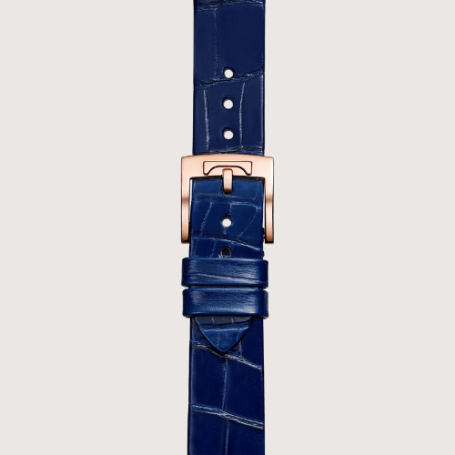 Lunaria Rose Gold Moonphase Watch Crystal Bezel with Deep Blue Leather Strap